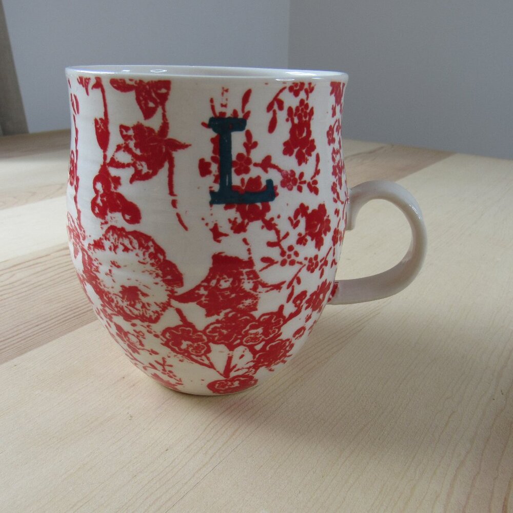 Anthropologie HOMEGROWN Monogram Initial L Letter Floral Bird Coffee Mug Cup